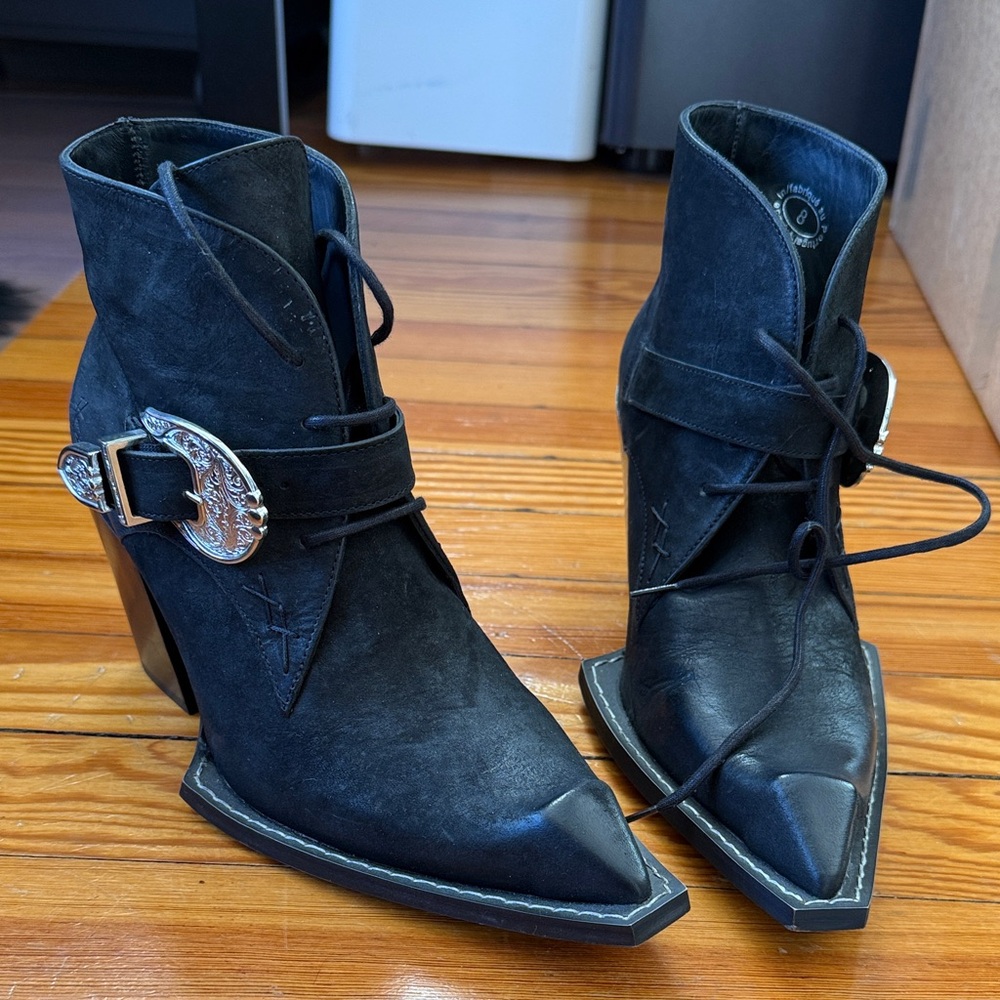 John Fluevog Black Heeled Boots with Ornate Silver Buckle